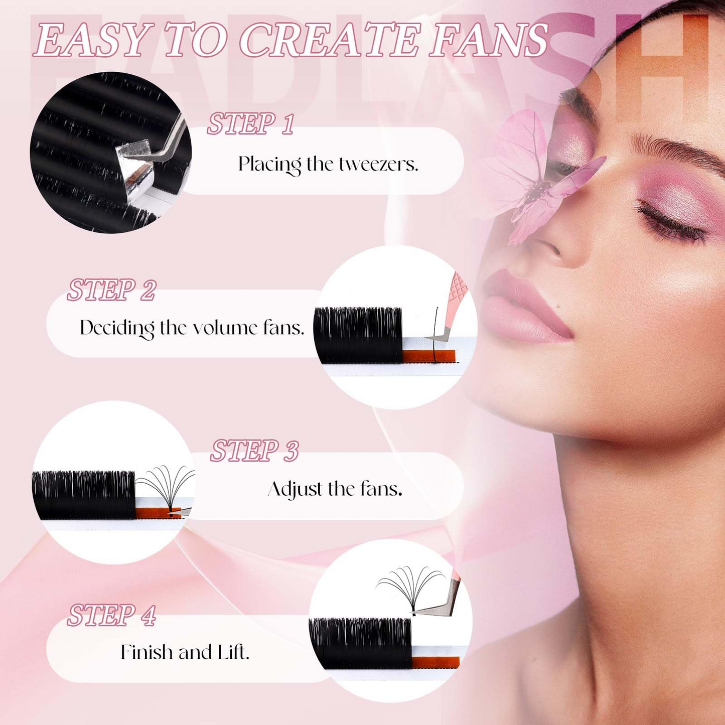 Step-by-step guide on how to pick up and apply auto blooming volume lashes