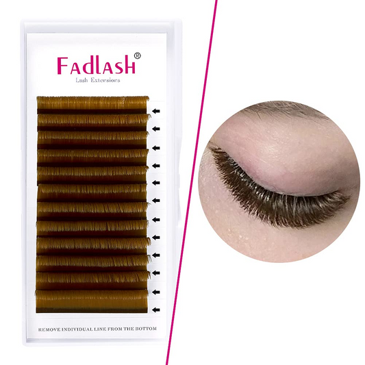 brown lash extension tray next to a model's eye showing natural applied results