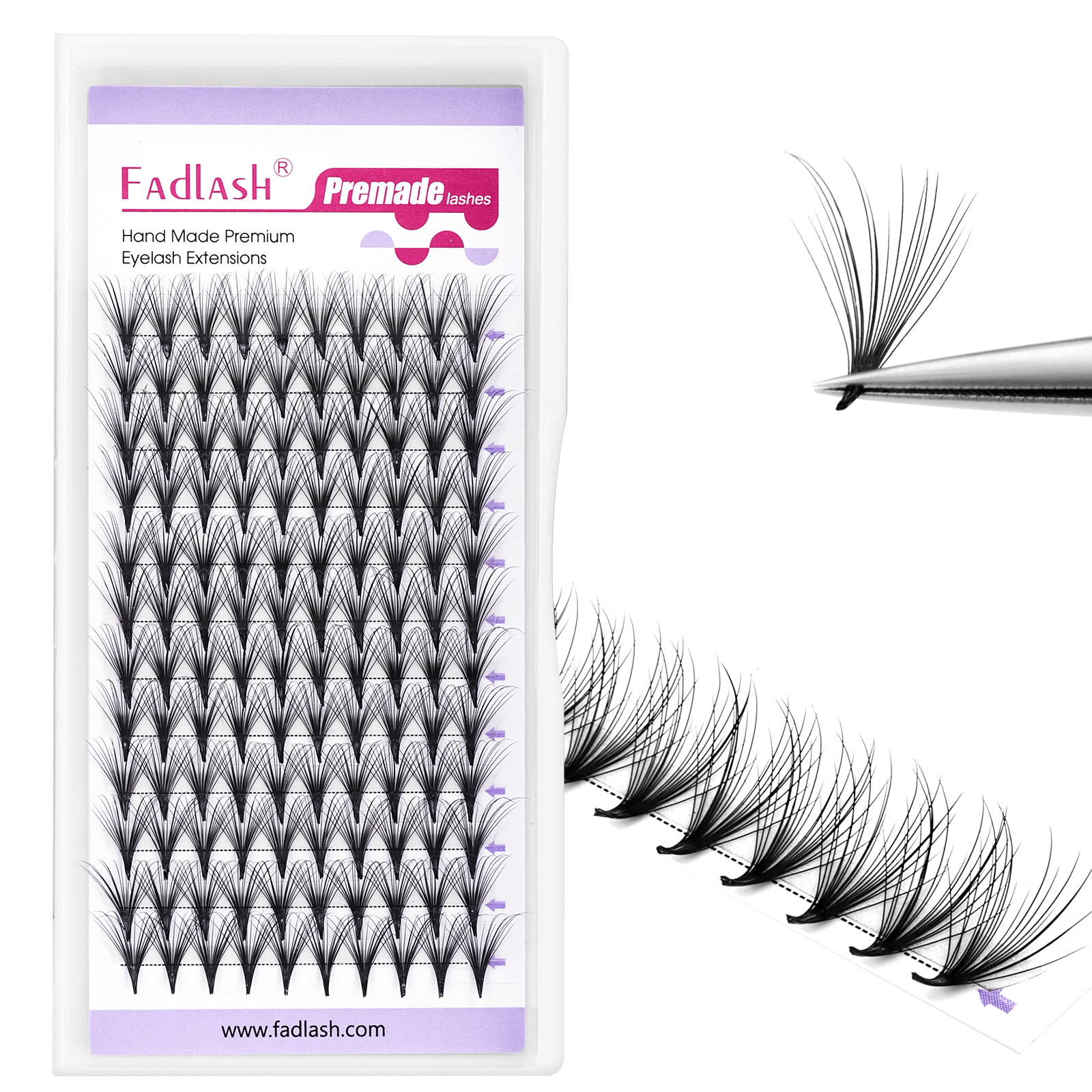 Fadlash Camellia Premade Volume Fans tray with close-up of tweezers holding a single mixed length lash fan and strip view