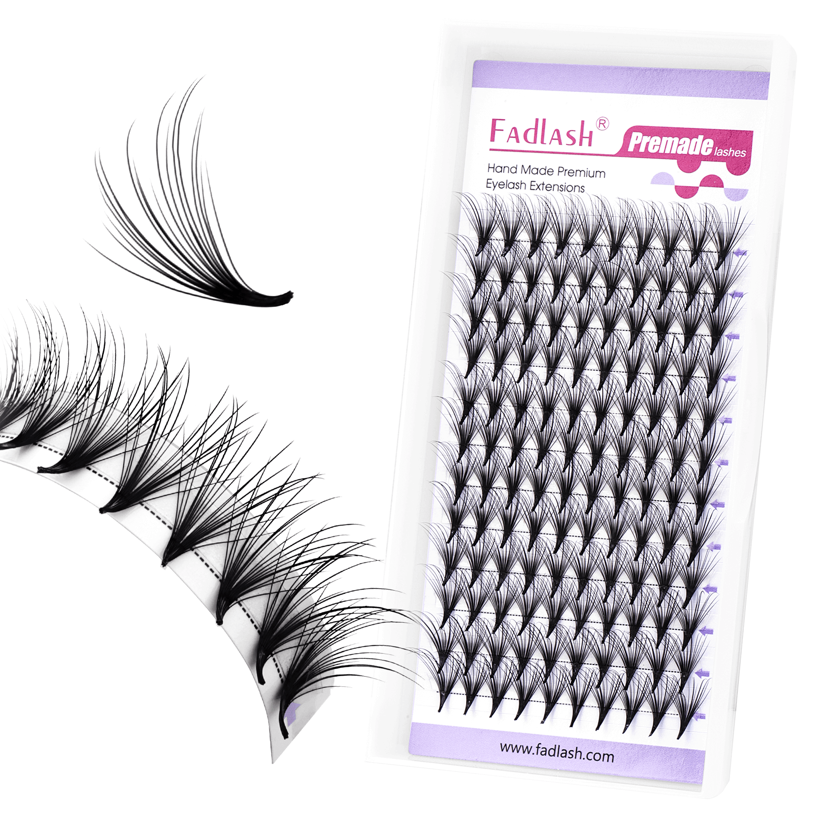 Angled view of Fadlash Camellia Premade Volume Fans tray showing organized lash strips