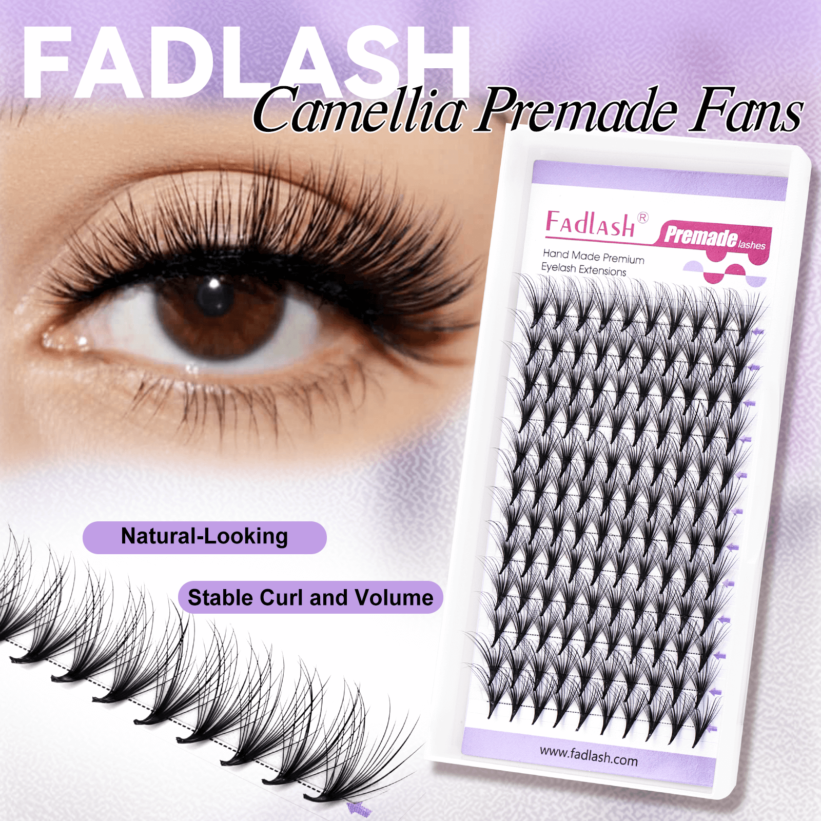 Model eye showing the natural fluffy effect of Fadlash Camellia Premade Fans with product tray