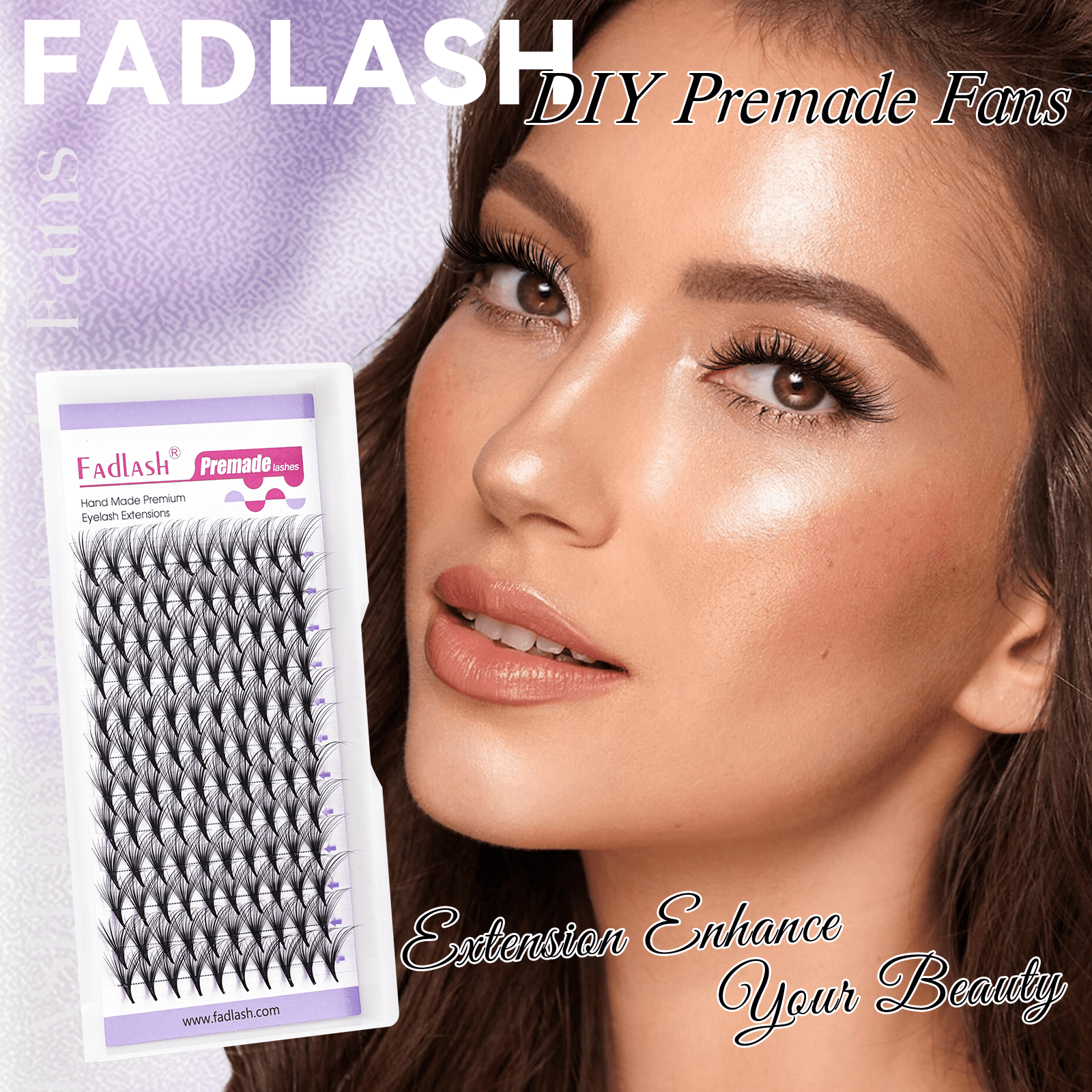 Model face chart showing full set look with Fadlash Camellia Premade Volume Fans