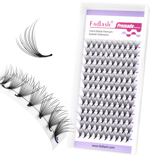 Angled view of Fadlash Camellia Premade Volume Fans tray, showing tweezers holding a mixed length fan and the lash strip.