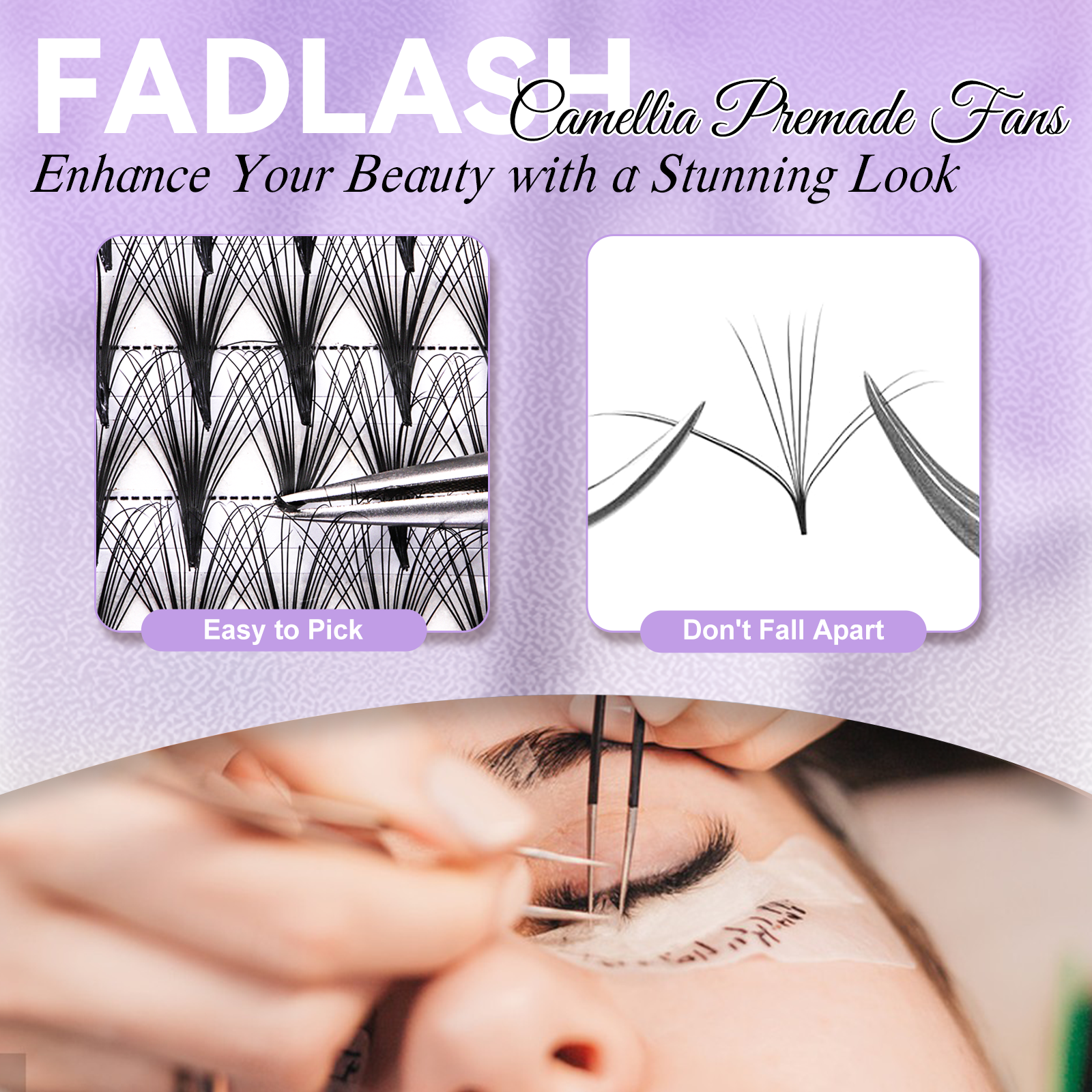 Model eye application process for Fadlash Camellia Premade Fans