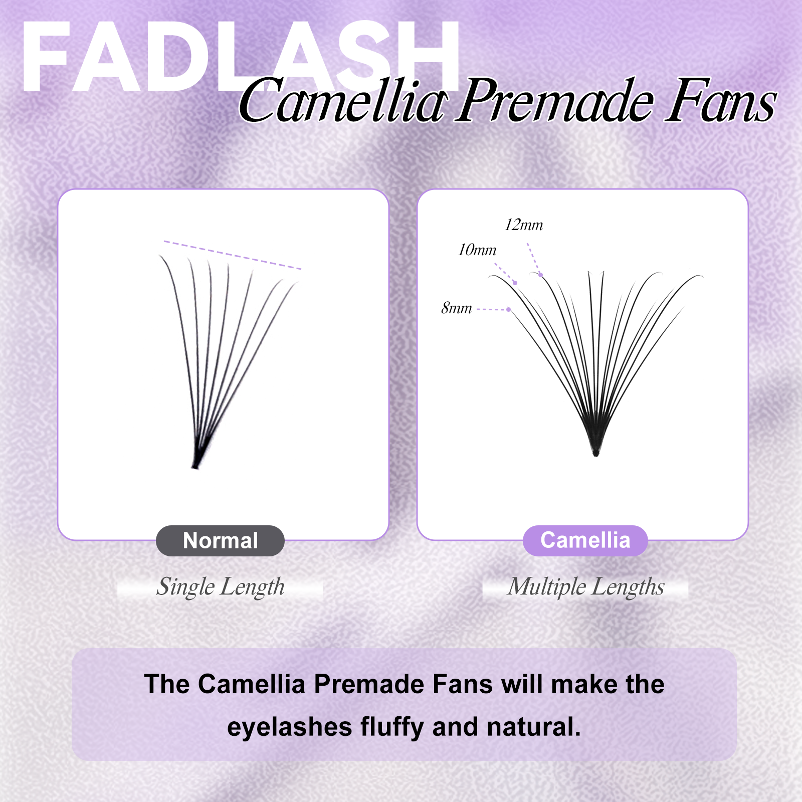 Fadlash Camellia multiple-length fans (10mm, 12mm, 14mm), showing the fluffy and natural effect