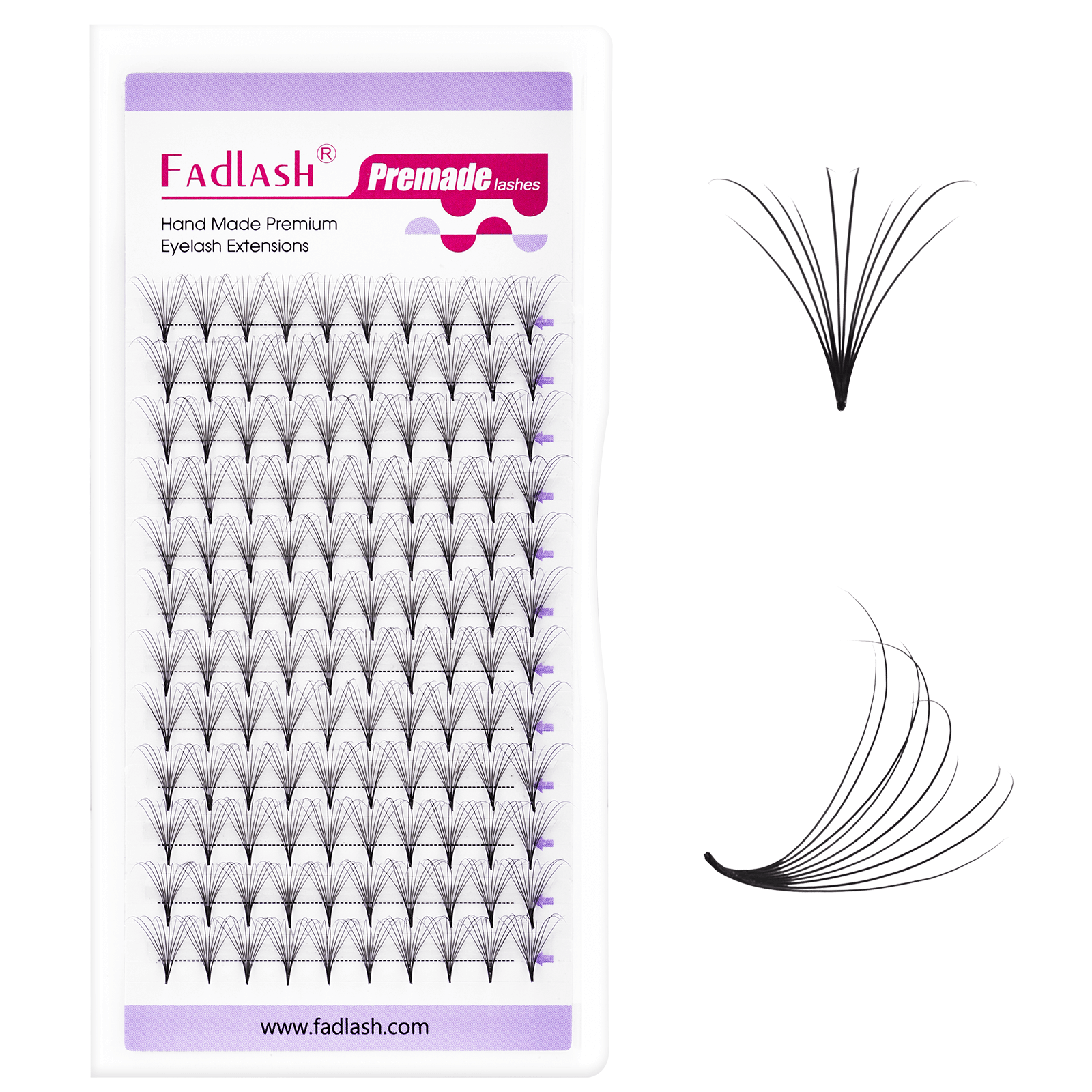 Close up of Fadlash Camellia lash fan held by tweezers showing staggered 10-12-14mm mixed lengths