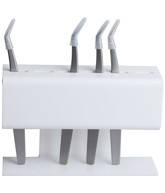 Angled desktop tweezer stand organizing four lash tweezers