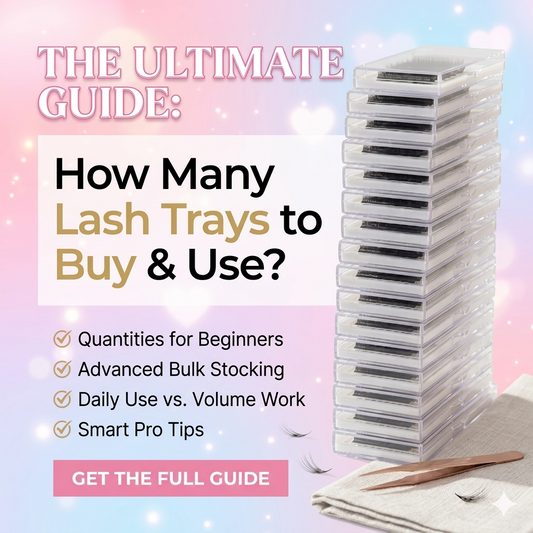 Fadlash Ultimate Guide: A stack of professional eyelash extension trays with pink tweezers on a soft pink and white bokeh background, explaining how many lash trays to buy and use.