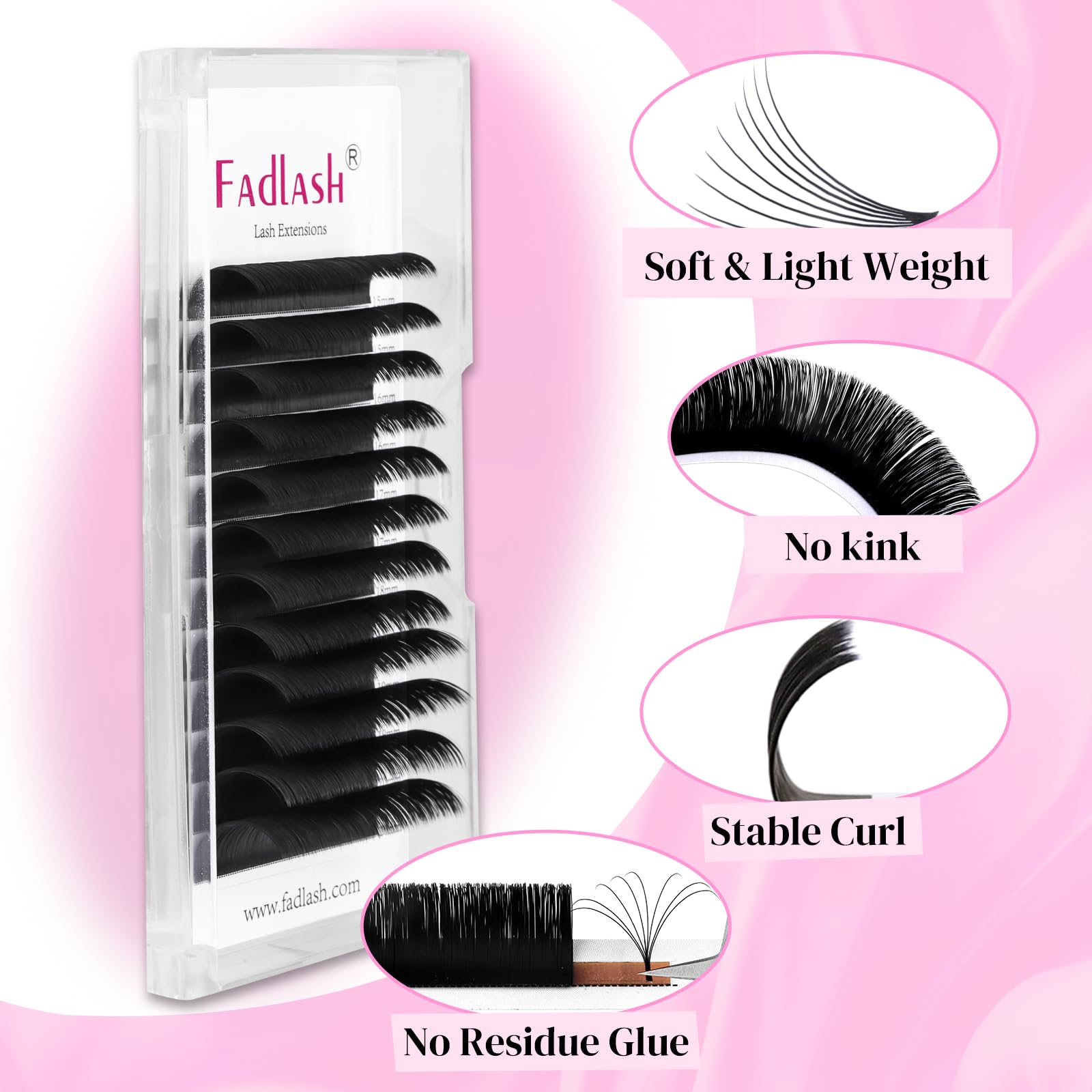 Soft and lightweight self fanning lashes showing stable curl and no residue glue
