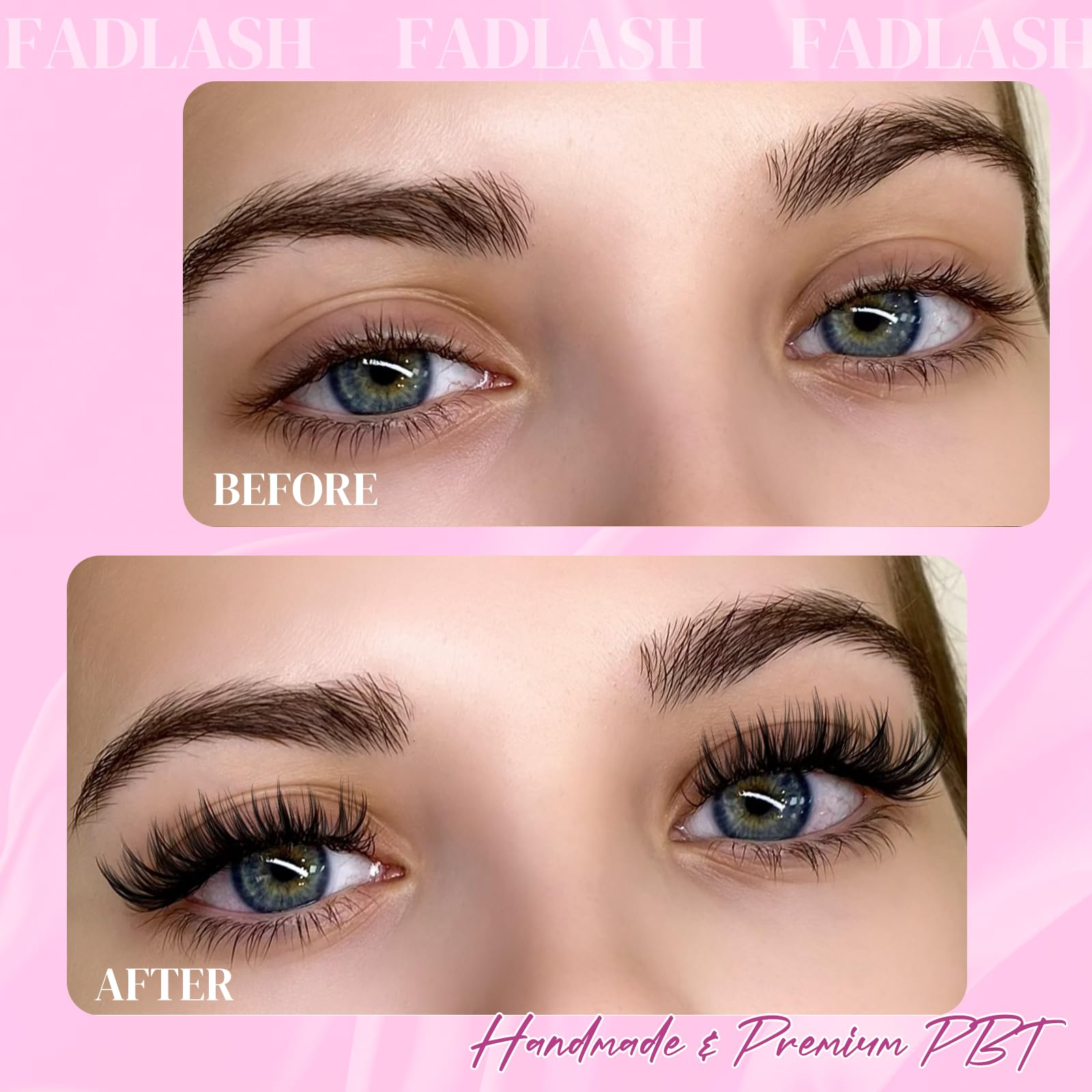 Before and after applying Fadlash mega volume easy fan lash extensions