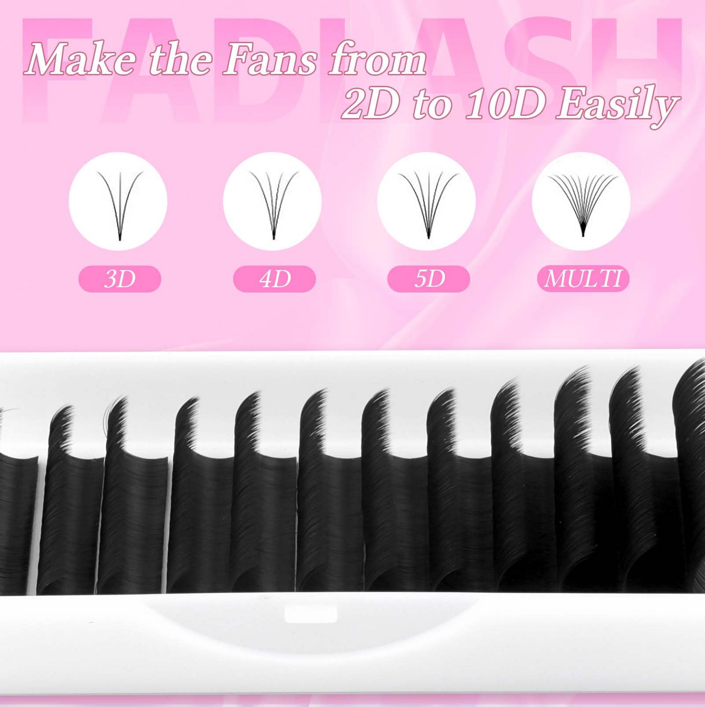 Close up of easy fan lash strips showing 3D to 6D instant blooming fans