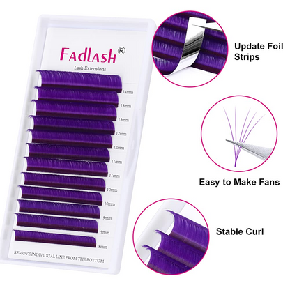 Guide showing 2D to 10D volume fans easily made with purple lashes