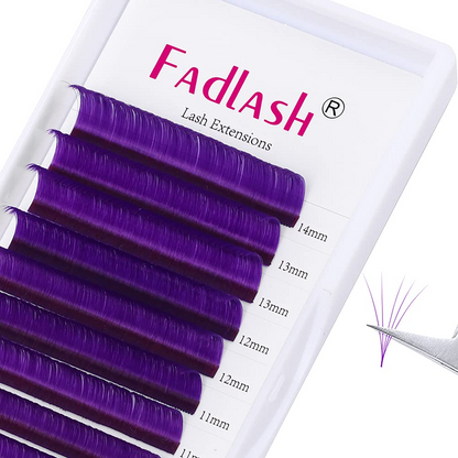 Tweezers holding a perfect volume fan made from purple lash extensions