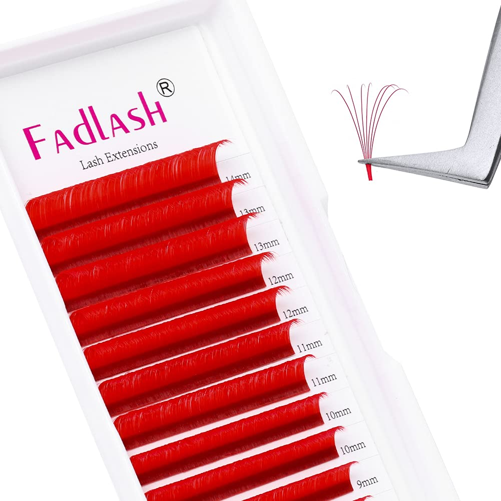 Tweezers holding a perfect volume fan made from red easy fan lash extensions