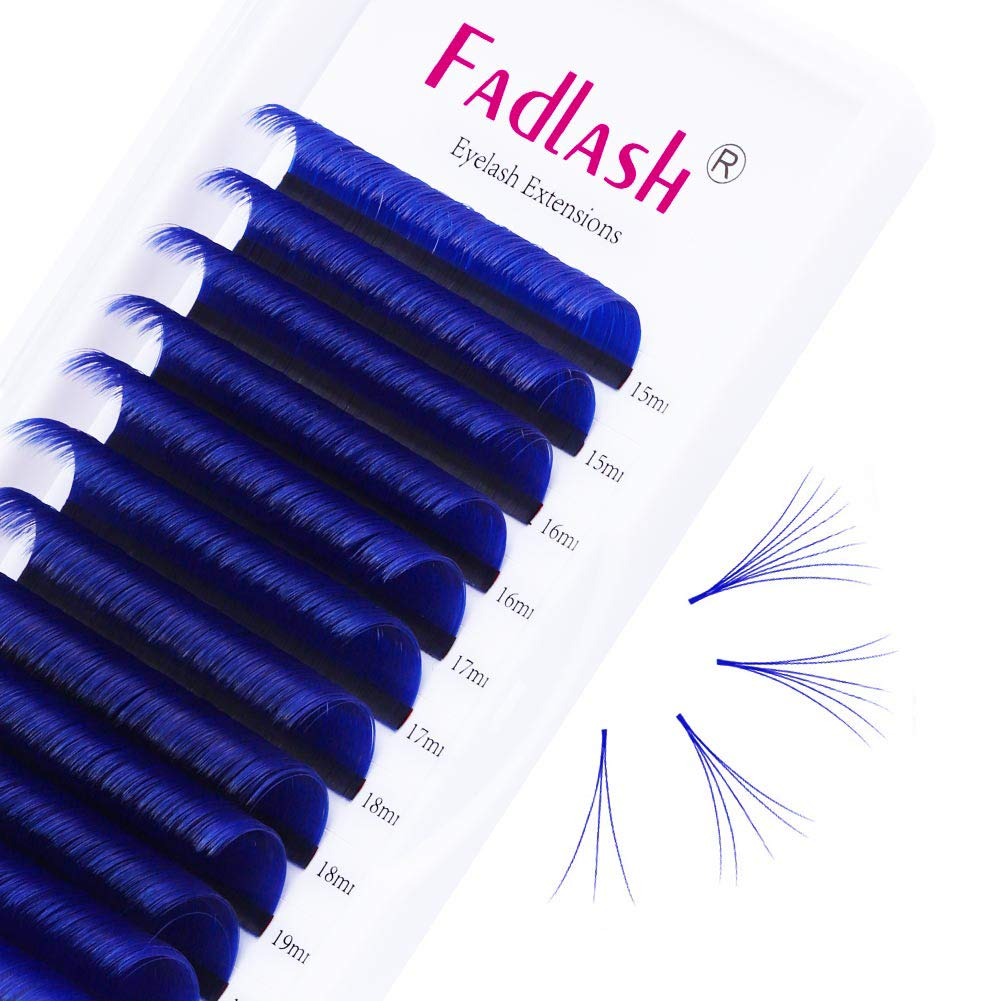 Blue colored volume lash extensions tray with fluffy self fanning lash fans