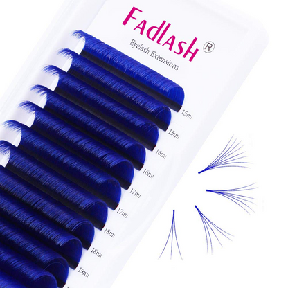 Blue colored volume lash extensions tray with fluffy self fanning lash fans
