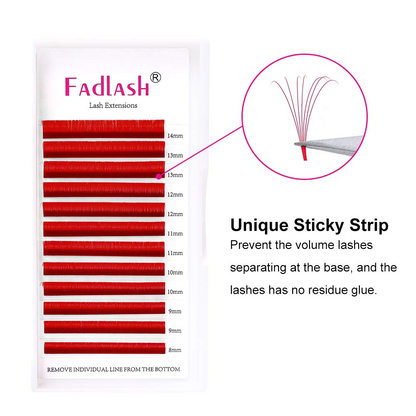 Highlighting the unique sticky base strip for perfect red volume fans without falling apart