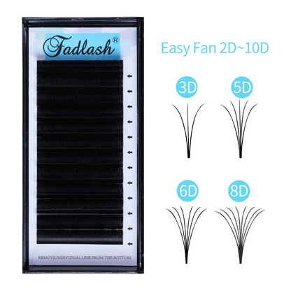 Fadlash matte black volume eyelash extensions tray in classic blue packaging
