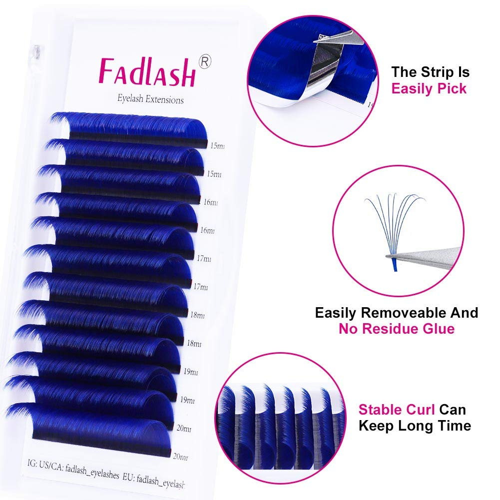 Infographic highlighting foil back strips and stable D curl of blue lash extensions