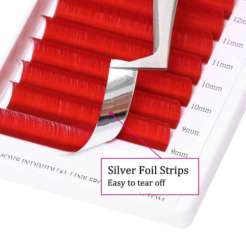 Demonstrating the easy to tear off silver foil back strip on red lash extensions