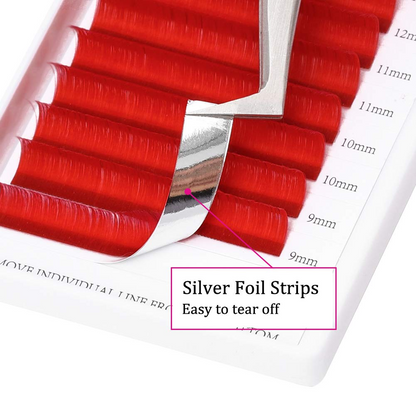 Demonstrating the easy to tear off silver foil back strip on red lash extensions