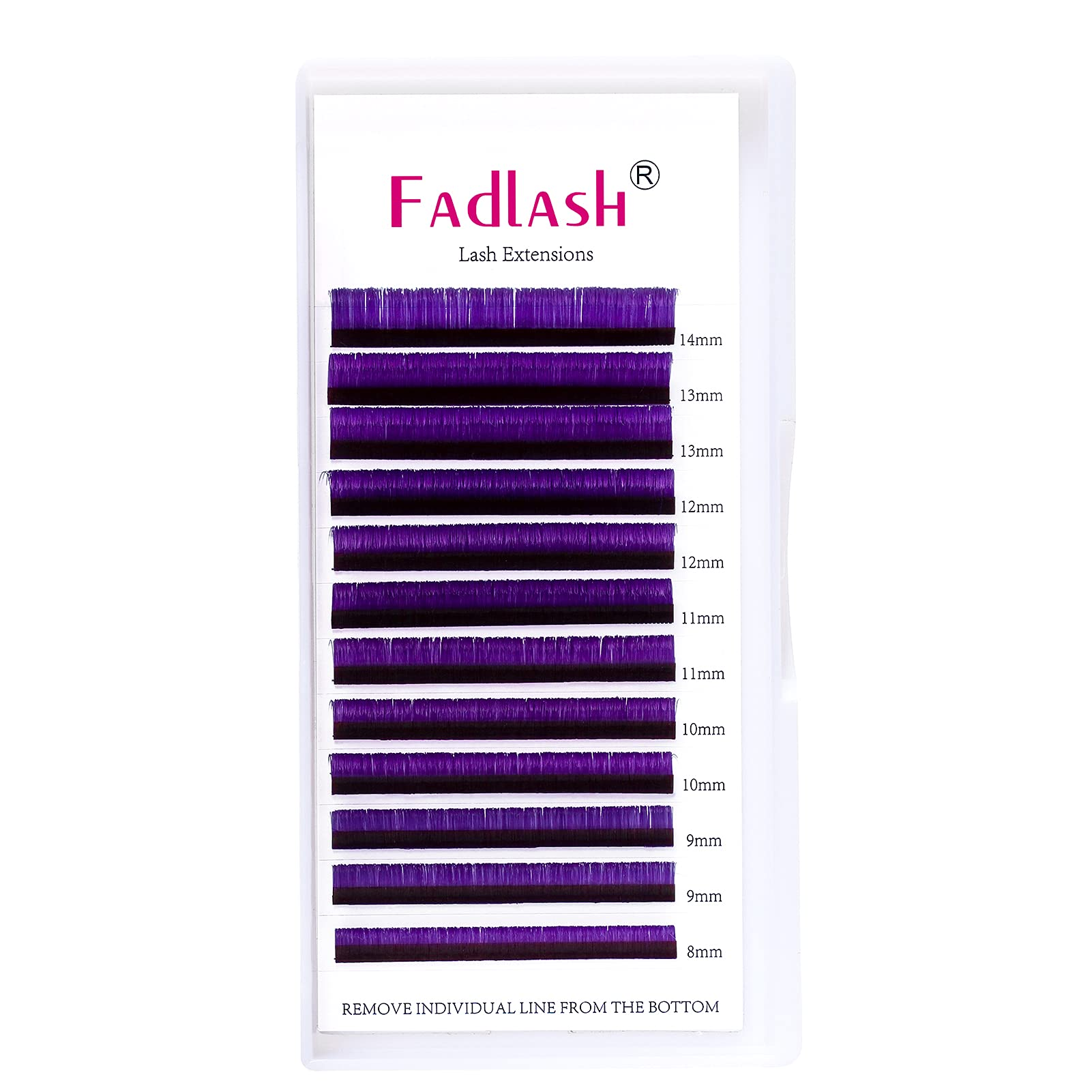 Fadlash purple lash extensions tray showing 8-14mm mixed lengths