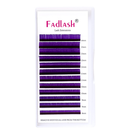 Fadlash purple lash extensions tray showing 8-14mm mixed lengths