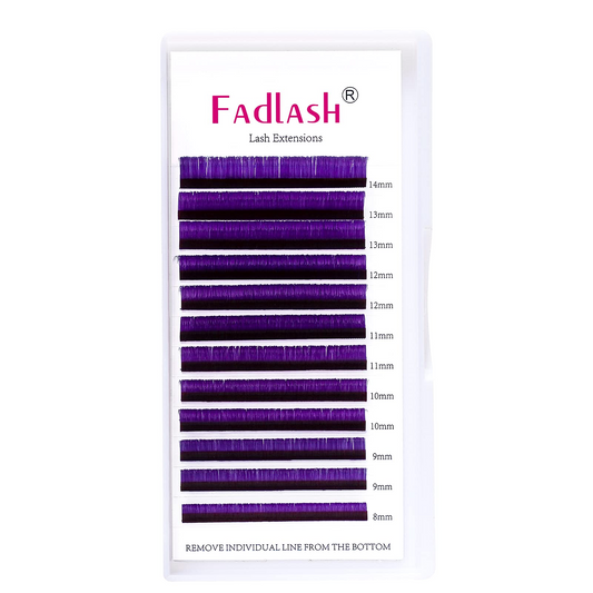 Fadlash purple lash extensions tray showing 8-14mm mixed lengths