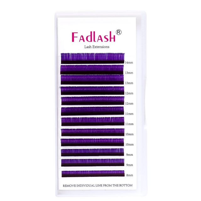 Fadlash purple lash extensions tray showing 8-14mm mixed lengths