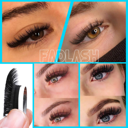 Collage of models showing fluffy volume lash extension results and brushing lashes with a spoolie
