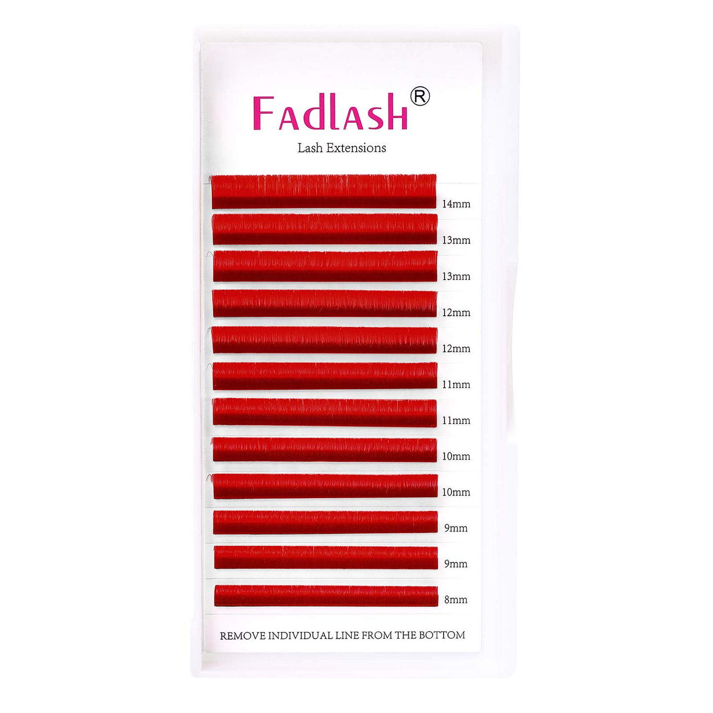 vibrant red easy fan lash extensions tray showing 8-14mm mixed lengths