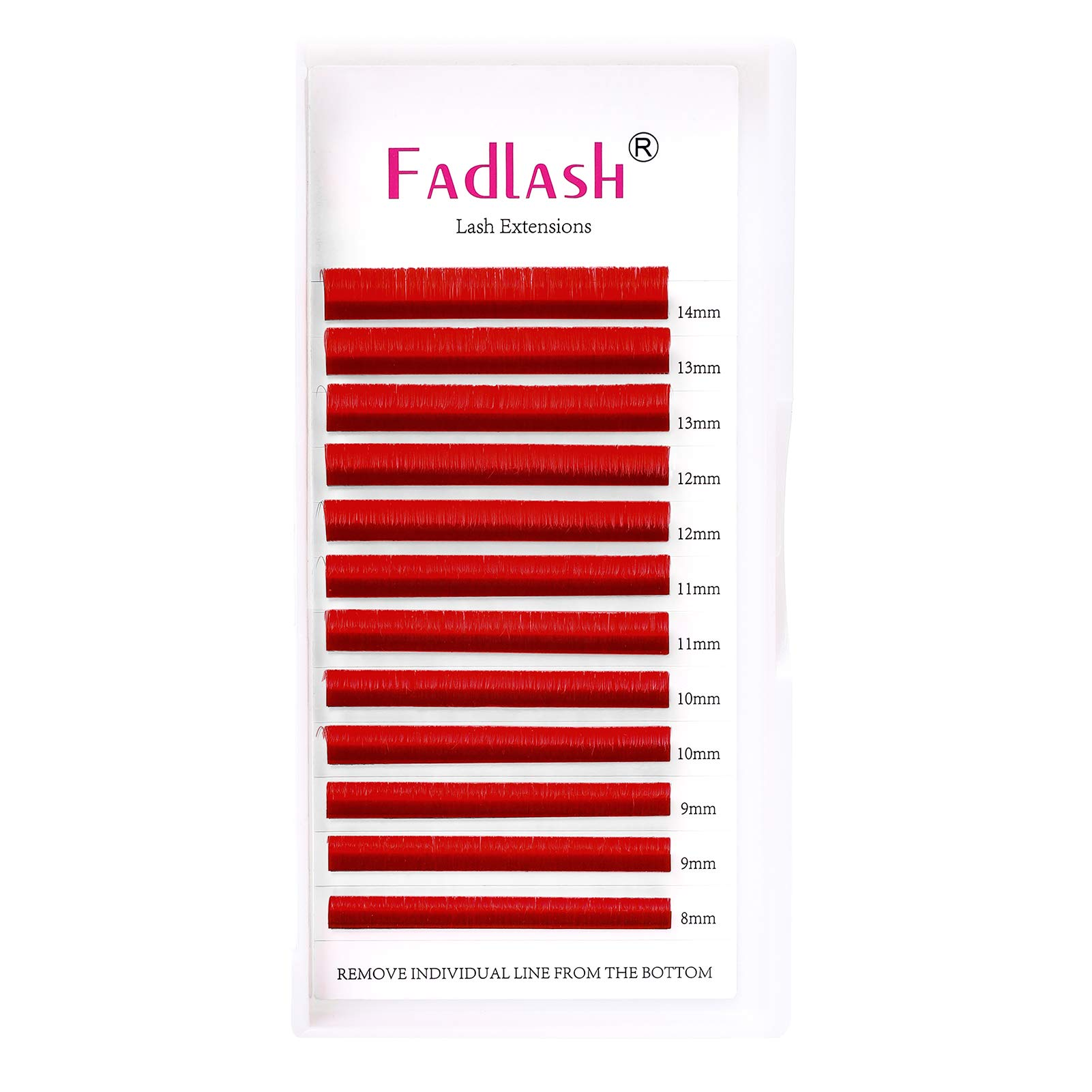 vibrant red easy fan lash extensions tray showing 8-14mm mixed lengths