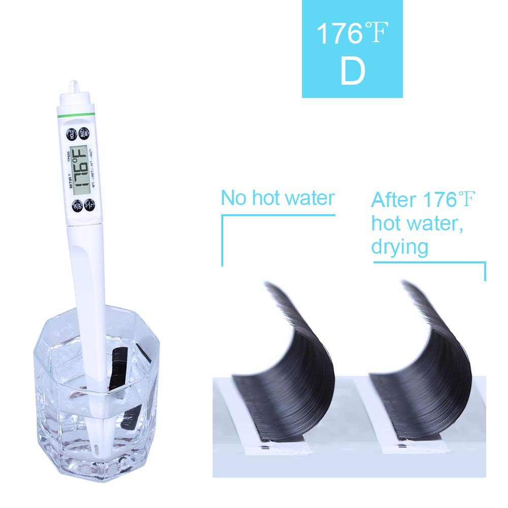 Infographic showing D curl eyelash extension angle and heat-bonded stable curl technology