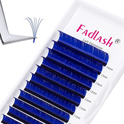 Fadlash blue easy fan lash extensions tray with tweezers holding a perfect volume fan