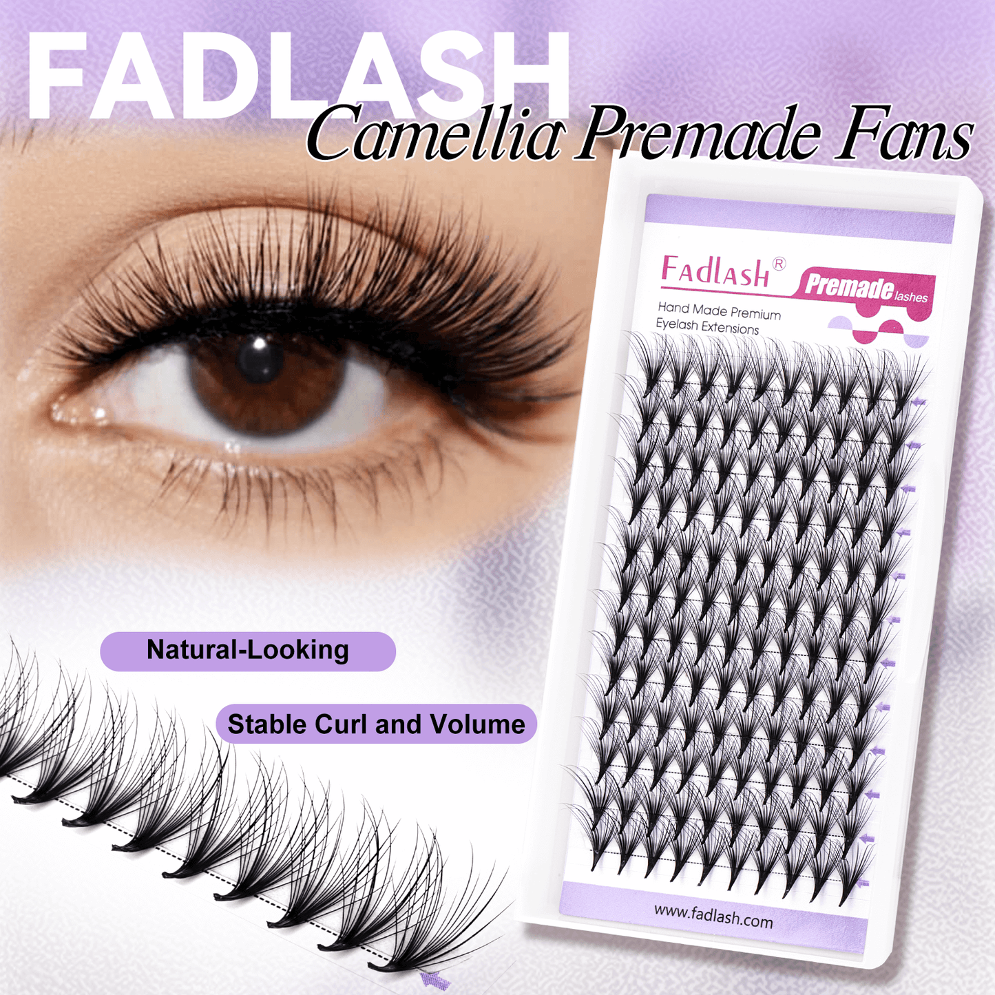 Model eye showing the natural fluffy effect of Fadlash Camellia Premade Fans with product tray