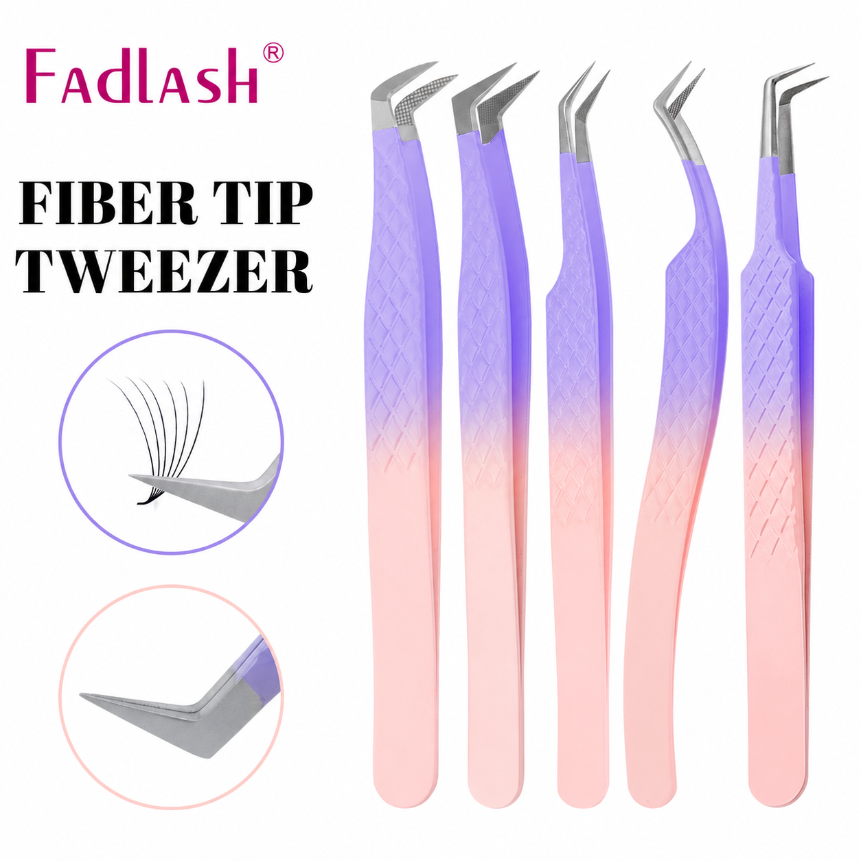 purple fiber tip lash tweezers set 5 pcs for volume eyelash extensions