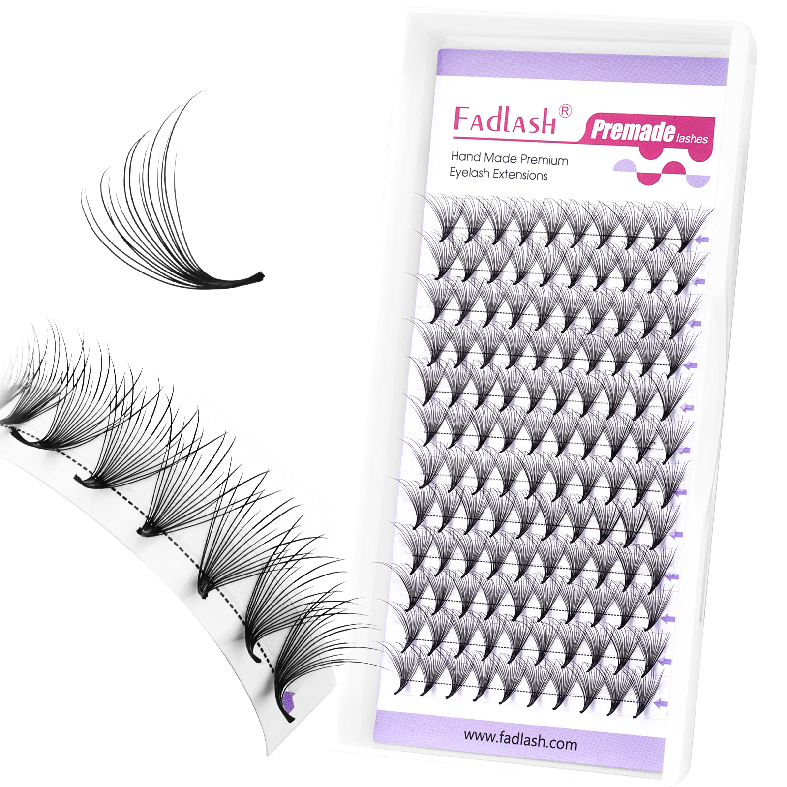 Angled view of Fadlash Camellia Premade Volume Fans tray, showing tweezers holding a mixed length fan and the lash strip.