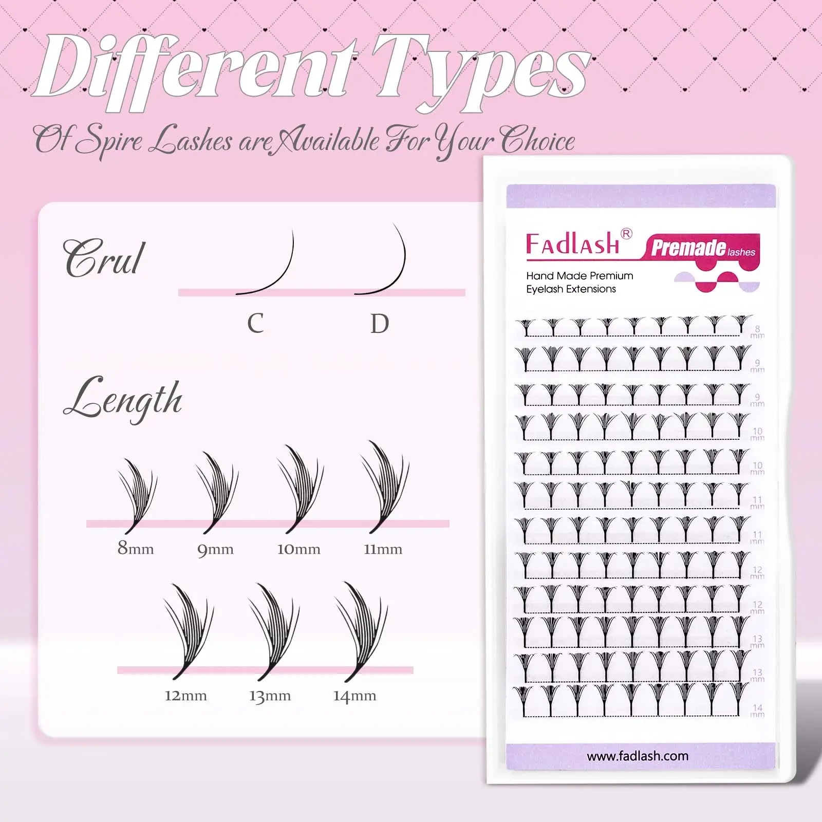 FADLASH Spire Lashes C D Curl and Length Specifications Chart