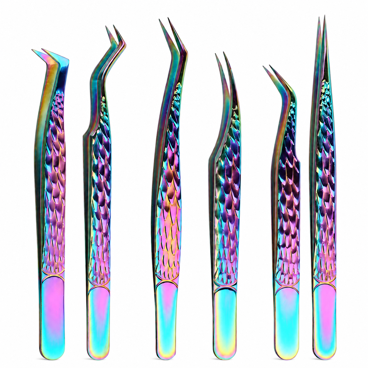 Rainbow eyelash extension tweezers set with 6 precision shapes for volume and isolation