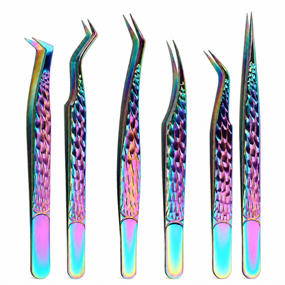 Rainbow eyelash extension tweezers set with 6 precision shapes for volume and isolation