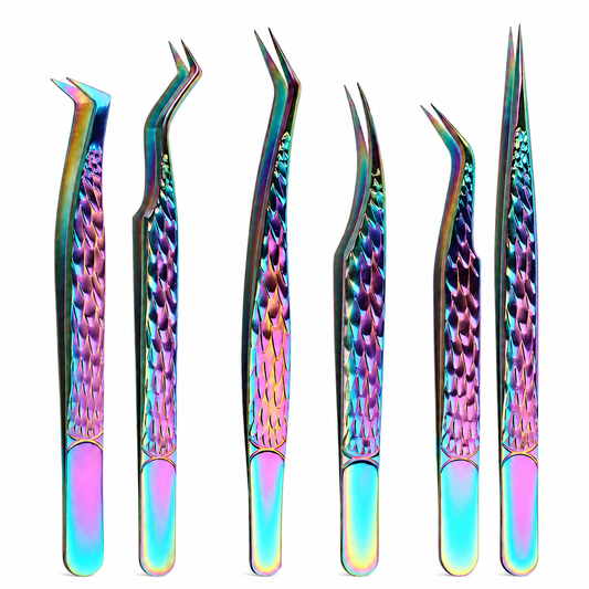 Rainbow eyelash extension tweezers set with 6 precision shapes for volume and isolation