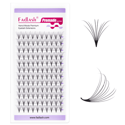Close up of Fadlash Camellia lash fan held by tweezers showing staggered 10-12-14mm mixed lengths