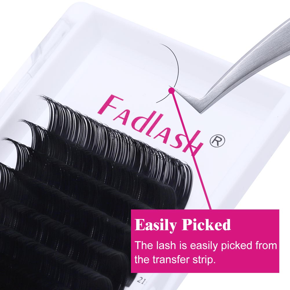 Demonstrating the easy pickup of Fadlash extensions using professional tweezers from the silver foil strip