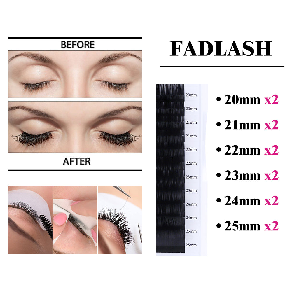 Before and after dramatic mega volume lash extension results using Fadlash 20-25mm long length individual lashes.