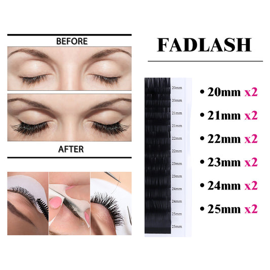 Before and after dramatic mega volume lash extension results using Fadlash 20-25mm long length individual lashes.