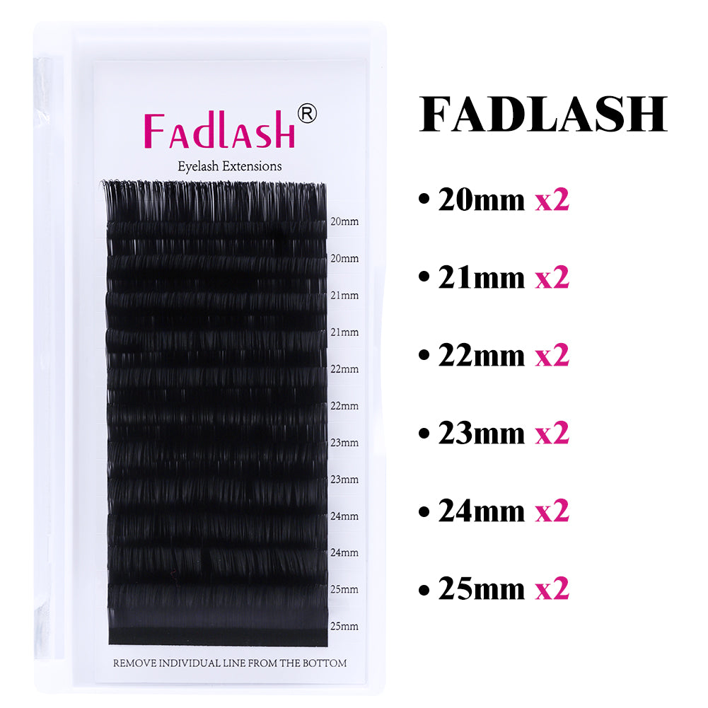 Fadlash 20-25mm mixed length individual lash extension tray showing detailed length distribution from 20mm to 25mm.
