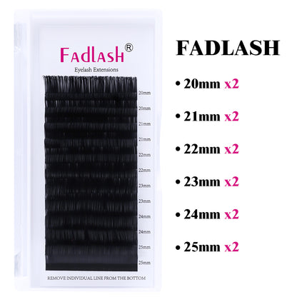 Fadlash 20-25mm mixed length individual lash extension tray showing detailed length distribution from 20mm to 25mm.