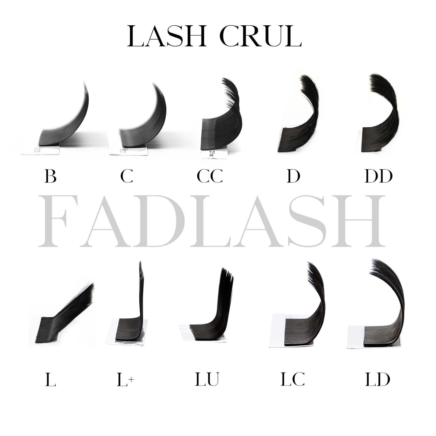 Fadlash lashes trays B curl and LD curl results for Eyelash Extensions