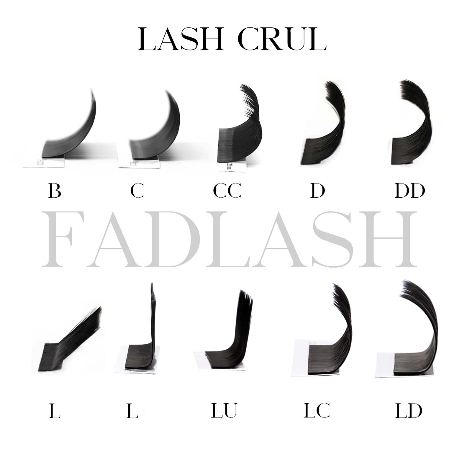 Fadlash lashes trays B curl and LD curl results for Eyelash Extensions
