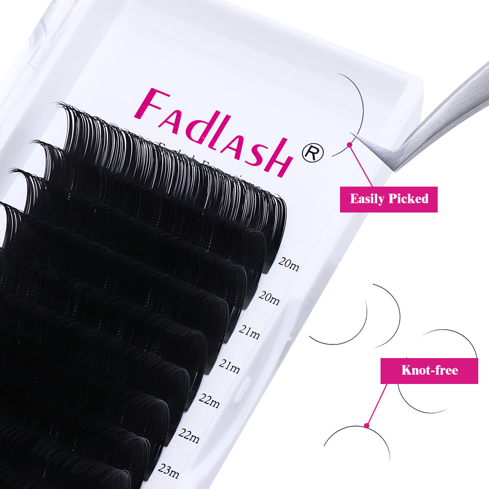 Fadlash individual lash extensions tray featuring "Easily Picked" technology with tweezers and "Knot-free" lash fibers for professional application.